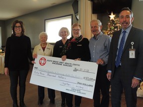 The South Bruce Grey Health Centre Kincardine hospital auxiliary presented a cheque for $43,000 to the Kincardine and Community Health Care Foundation during their Christmas meeting held on Nov. 23. Pictured: Becky Fair, Wilma Manary, Jeane Lindsay, Cheryl Rogers, Bill Heikkila, and Michael Barrett. Photo submitted by Kincardine hospital auxiliary.