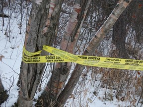 Prince George RCMP crime scene tape from a homicide at Connaught Hil park. Photo taken November 15, 2022.