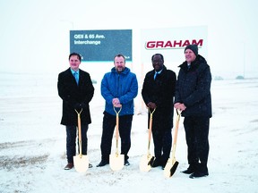 MLA Brad Rutherford and Leduc Mayor Bob Young were among those on hand to break ground at the site of the new 65th Avenue Interchange Project. (City of Leduc)