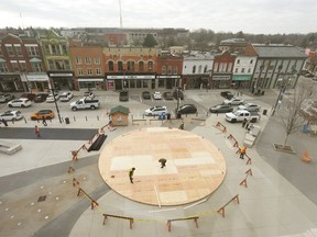 Workers in Stratford begin installing a platform that will eventually support The Pool, an interactive public art display by world-renowned artist Jen Lewin. The display is one of the main attractions of this year’s Lights On Stratford festival, which opens next week. (Photo courtesy Mike Beitz)