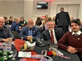 Attending the Trenton Kiwanis Club Christmas Luncheon Friday were Todd Smith, Bay of Quinte MPP, left, and Quinte West leaders to support ongoing efforts to help underprivileged families in the city. The event raised $88,000 for organizations such as Catherine's Kitchen.