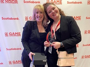 Winning first place in the job interview category of this year’s Ontario College Marketing Competition was Meadow Merrill of North Bay, pictured here with Cambrian business professor Kim Donaldson.
