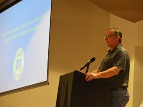 Steelworkers Local 6500 president Nick Larochelle addresses a large gathering of miners and family members who attended a town hall Thursday regarding a campaign to curtail workers’ exposure to diesel particulate.