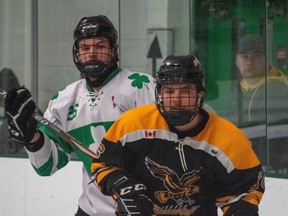 The Exeter Hawks and the Lucan Irish clashed in Lucan Dec. 3, where the Hawks walked away with a 2-0 win. Pictured are Kyle McCauley and Cale Johnstone. Dan Rolph