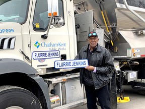 Hall of fame pitcher Fergie Jenkins visited the Chatham-Kent roads garage near Blenheim to see the 'Flurrie Jenkins' snowplow named after him through an annual municipal naming contest. Ellwood Shreve/Postmedia