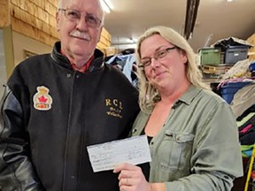 Mike Hindmarsh, president of Br. 18, Royal Canadian Legion, Wallaceburg, presents a cheque to one of the recipients of the Legion’s generosity in the community, the Salvation Army. Contributed