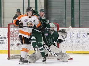 The Sherwood Park Crusaders came away with a 4-3 overtime win over the Drumheller Dragons on Friday night at the Arena. 
Photo courtesy Target Photography