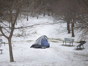 WINDSOR, ONT:. JANUARY 9, 2020 - A tent is pitched in the middle of Gateway Public Park in downtown Windsor in the middle of winter, Thursday 9th January 2020. (DAX MELMER/Windsor Star)