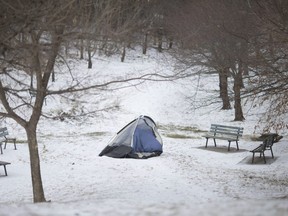 WINDSOR, ONT:. JANUARY 9, 2020 -- A tent sits in the middle of Gateway Public Park in downtown Windsor in the middle of winter, Thursday, January 9, 2020.  (DAX MELMER/Windsor Star)