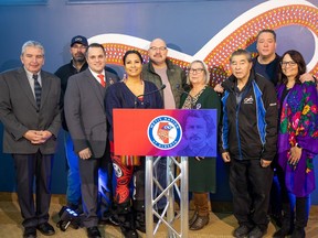 MNA Regional Leaders and Senior Administrators join President Audrey Poitras and Chief Electoral Officer Del Graff for a press conference on Dec. 2, 2022 to announce the Ratification Vote results.