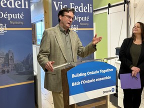 Mark Sherry, president of One Red Maple, speaks at Monday's news conference following a Northern Ontario Heritage Fund announcement. The province is providing $1.5 million for 53 intern positions.