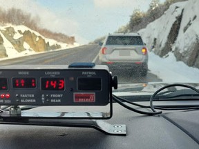 A vehicle was clocked going 143 km/hr in a 90 km/hr zone on the weekend. The driver, 18, is charged with racing a vehicle.