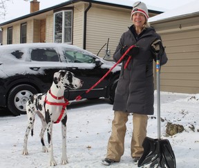 Wendy Peace and her Great Dane Zucca were out shoveling the walkway in front of their Brantford home on Saturday afternoon.