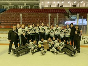 Players and staff from the Horizon Aigles celebrated a championship recently at a tournament in North Bay.