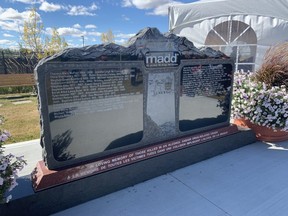 A memorial to Alberta victims of impaired driving outside the Parkland RCMP headquarters, 91 Campsite Road NW in Spruce Grove, Alta. on Saturday, Sept. 17, 2022.