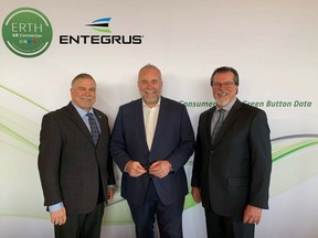 Duane Orth, senior manager of enterprise transformation at Entegrus, left, Ontario Energy Minister Todd Smith and Entegrus president and CEO Jim Hogan are shown. Handout.