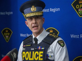 OPP Commissioner Thomas Carrique speaks during a press conference the OPP detachment in Cayuga on Thursday December 29, 2022.