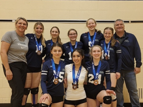 The North Bay Youth Volleyball Club - Lakers Tsunami team brought home the bronze medal at the Ontario Volleyball Association 17U Girls Challenge Cup on Dec. 18.
Front Row: Kendra Rochefort, Asia Lucas, Alexa Bouchard.
Back Row: Head Coach Chris Davis, Paige Davis, Megan Braceland, Kalynn Levac, Abbey Mason, Isabelle Ranger, Assistant Coach Andy Davis.