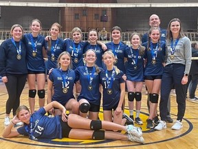 The Chatham 14U Ballhawks Soar won gold at the Ontario Volleyball Association’s Challenge Cup – Trillium B tournament at Chatham-Kent Secondary School in Chatham, Ont., on Saturday, Dec. 17, 2022. The Ballhawks are, front row: Daniella Vandersluis. Middle row, left: Joelle Wecker, Lia Rich and Hayden Heinhuis. Back row: coach Nicole Chiesa, Teghan Meredith, Malia Postma, Ireland Graham, Natalie Guy, Maya Griffioen, Jorja Breault, Brynn Harvey, coach Brian Breault and coach Madie Green. (Contributed Photo)