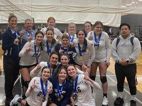 The Chatham 16U Ballhawks win gold at the Ontario Volleyball Association’s 16U Girls Challenge Cup – Trillium Green A tournament in Kitchener, Ont., on Sunday, Dec. 11, 2022. The Ballhawks are, front row, left: Eleni Babalis, Emma Aitken and Sophie Jubenville. Second row: Lauren Griffioen and Melorey Elson. Third row: Taryn DeCook, Sydney Smith, Ava Van Horn and Skyler Verhart. Back row: coach Bev Warriner, coach Jeff Hoskins, Aidann Dieleman, Sheaden Kiss, Tanner Jansen, Liv VanEerd and coach Todd Hamaguchi. (Contributed Photo)