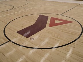The YMCA logo is at centre court in a gymnasium at the Laurier/YMCA Athletic Complex in Brantford, Ontario. Brian Thompson/Brantford Expositor/Postmedia Network ORG XMIT: POS1806211752130114