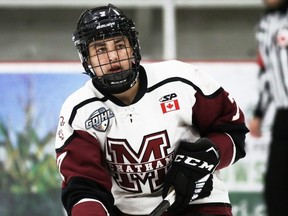 Chatham Maroons' Liam Doyle (7) plays against the Leamington Flyers at Chatham Memorial Arena in Chatham, Ont., on Saturday, Oct. 8, 2022. Mark Malone/Chatham Daily News/Postmedia Network