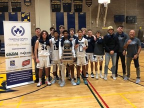 The Ursuline Lancers win the Chatham Sports Hall of Fame Blue and White senior boys’ basketball tournament at Chatham-Kent Secondary School in Chatham, Ont., on Saturday, Dec. 3, 2022. (Contributed Photo)