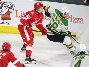 Jordan D'Intino of the Soo Greyhounds in OHL action aaginst the London Knights. D'Intino scored his 9th goal of the season in the third period, but it wasn't enough as the Greyhounds lost 7-2 to the Oshawa Generals on Friday night.