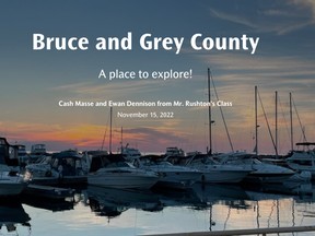 Cash Masse and Ewan Dennision won first place in the GIS Day StoryMap contest with their project entitled Bruce and Grey County.  Screenshot.