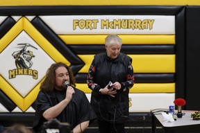 Dan Tulk prepares to be shaved bald at Fort McMurray Composite School after $13,000 was raised for local charities on December 15, 2022. Photo by Momin Syed/FMPSD