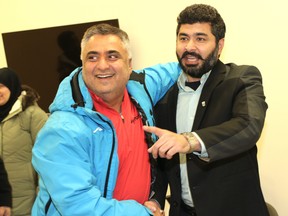 Zulkifl Mujahid, right, is congratulated by Taral Mehta and other suppoerters at the Eagle Ridge YMCA after winning the UCP nomination for Fort McMurray-Wood Buffalo on Sunday, December 4, 2022. Mujahid will represent the UCP in the riding in the 2023 provincial election. Vincent McDermott/Fort McMurray Today/Postmedia Network