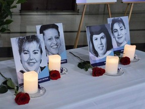 Images of women who were killed 33 years ago during what has become known as the Montreal Massacre were displayed at the Manitoba Legislature at a ceremony held to hounour victims of gender-based violence, and to mark the National Day of Remembrance and Action on Violence Against Women. Dave Baxter/Winnipeg Sun/Local Journalism Initiative