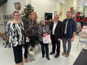 Charter member Eileen Thompson (centre) honoured for forty years of service at the Northern Ontario Railroad Museum and Heritage Centre volunteer appreciation event. Picture with city councillor Natalie Labbee (right), Nickel Belt MPP France Gelinas, Nickel Belt MP Marc Serre, and NORMHC president Cody Cacciotti. (supplied)