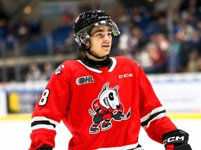 Brenden Sirizzotti of the Niagara IceDogs. The Hounds acquired Sirizotti on Thursday afternoon from the IceDogs in exchange for a pair of picks in the OHL Priority Draft.