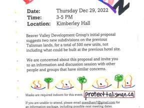 A poster for an upcoming information meeting called by people concerned with the scale of development proposed on the Talisman lands in Grey Highlands.
