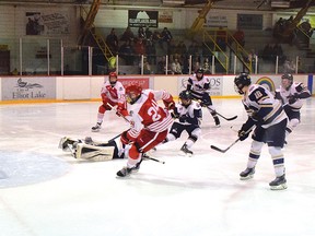 Photo by KEVIN McSHEFFREY
Red Wing Adam Matar fired the puck at Gold Miners’ netminder Braydon Garnhart who blocked the shot.