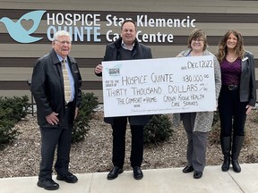 The Comfort of Home Campaign Chair Marty Halloran, Crown Ridge Health Care Services CEO/CFO Greg Freeman, Hospice Quinte Executive Director Jennifer May-Anderson, and Donor Relations & Communications Manager Sandi Ramsay. SUBMITTED PHOTO