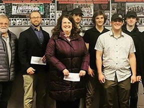 In attendance for Saturday's cheque presentations were Deputy Mayor Eric Sandford and Councillor Kevin McLaughlin of The Municipality of Centre Hastings, Councillor Jacob Palmateer of The Municipality of Tweed, Nancy Sinclair from the Municipality of Marmora & Lakes, Frankford Huskies players Heiden and Karsten Leonard, Phoenix Smith, Tyler Sawkins, Mayor Loyde Blackburn of Madoc Township and Mayor Tom Deline of the Municipality of Centre Hastings. SUBMITTED PHOTO