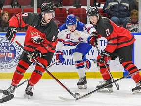 Trenton Golden Hawk Matt Cato (9), playing for Canada East, is pictured in action against the USA in the gold medal game of the World Junior A Challenge in Cornwall on Sunday. Cato was Canada East leading goal scorer with four.