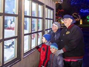 Cathy and John Lee of Port Dover, with their grandsons Cayden, 9;  and Coby, 6 of Grimsby take a look at toy penguins displayed at the Simcoe Panorama on New Year's Eve.  Brian Thompson/Postmedia Network