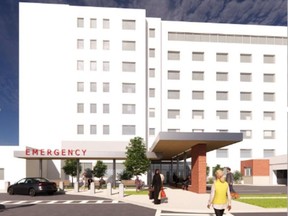 An artist's sketch shows the front entrance of a redeveloped emergency department planned for Brantford General Hospital.