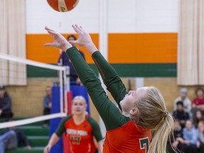 Taylor Legg of the North Park Trojans volleys the ball during a high school senior girls volleyball match against the BCI Mustangs on Thursday. Brian Thompson/Brantford Expositor/Postmedia Network