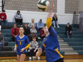 Hannah Clark of the BCI Mustangs spikes the ball during a senior girls volleyball match against the St. John's Eagles on Thursday. Brian Thompson/Brantford Expositor/Postmedia Network