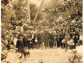 The cornerstone for the Joseph Brant monument in Victoria Park was laid on Aug. 11, 1886, with a host of dignitaries in attendance. The bronze used for the statue is from cannons that were used in the Battle of Waterloo and in Crimea. Brant Historical Society