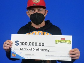 Michael Dillerop of Harley is celebrating after winning a $100,000 top prize in the Instant Crossword game. The 41-year-old amusement ride operator said he plans to open a food business with his winnings. "It feels good," he said while picking up his prize at the OLG prize centre in Toronto. The winning ticket was purchased at a Waterdown convenience store. Submitted