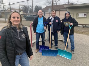 Lori-Dawn Cavin, Brantford's manager of community recreation and events, with long-time neighbourhood ice rink volunteers Jim Fredenburgh, of Anne Good Park, Jim Hardie, of the Centennial Rink, and Chris Tolhurst, of the rink at Prince Charles Park. The three volunteers have more than 90 years of building and maintaining neighborhood ice rinks. Vincent Ball