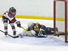 Deed Martino of the Brantford 99ers watches his shot go into the Woodstock Navy Vets net past goaltender Kade Barron during a Under-9 Tier 1 match at the Gretzky Tournament on December 27 in Brantford.