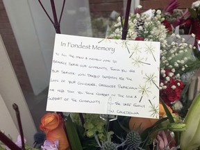 A note with flowers delivered to the Haldimand OPP detachment at Cayuga expresses sympathy over the death of Const. Grzegorz Pierzchala was shot and killed Tuesday afternoon while responding to a vehicle in a ditch just west of Hagersville. Vincent Ball