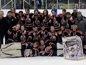 The Brantford Minor Hockey Association's under-14 'BB' team captured its division championship on Friday at the Wayne Gretzky Sports Centre during the 51st annual Wayne Gretzky International Tournament. Expositor Photo