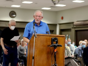 Brian Gaskin speaks against a planned development at the old Phillips Cables site at a public meeting at the Brockville Memorial Centre hall on Oct. 6, 2022. (RONALD ZAJAC/The Recorder and Times)